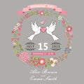 Cute wedding invitation with pigeons and floral wreath