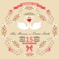 Cute wedding invitation with swans and floral frame