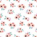 Seamless floral pattern, gentle liberty ditsy print with simple bouquets, small pink flowers on white. Vector.