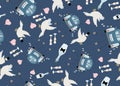 Cute wedding seamless pattern with newlyweds car, white doves and champagne