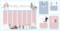 Cute weekly planner background with house,snow,people,tree.Vector illustration for kid and baby.Editable element