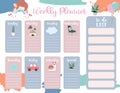 Cute weekly planner background with sloth,rainbow,llama,cloud.Vector illustration for kid and baby.Editable element