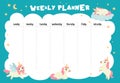Cute weekly planner. Planning days at week, cute daily with cartoon unicorns. Time management, page for notes day by day, empty Royalty Free Stock Photo