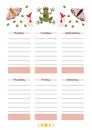 Cute Weekly Schedule For 6 Days. Template With Summer Vibe, Moth, Frog, Cartoon Style. Printable A4 Paper For Bullet