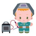 Cute welder in overalls and with a helmet on his head with an instrument in his hands, flat, isolated object on a white background