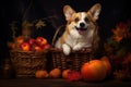 Cute welsh corgi dog in basket with pumpkins and autumn leaves on dark background. Thanksgiving day, Halloween celebration Royalty Free Stock Photo