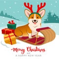 Cute welsh corgi dog sitting on sled wearing reindeer antlers wi