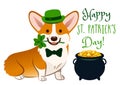 Cute Welsh corgi dog in St. Patrick`s Day costume: green bowler hat and bow tie, holding shamrock in mouth. Pot of gold filled