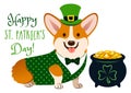 Cute Welsh corgi dog in St. Patrick`s Day costume: green top hat, vest and bow tie, pot of gold filled with coins, with shamrock Royalty Free Stock Photo