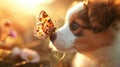 Cute welsh corgi puppy and butterfly in the summer park