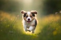 Cute welsh corgi puppy running in the meadow.