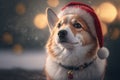 Cute Welsh Corgi in Santa hat. Little pet on blured bokeh background. Generative AI