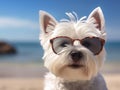Cute West Highland Terrier dog wearing sunglasses at the beach