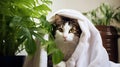Cute wet cat wrapped in white towel after a bath in a bathroom with houseplants.Generative AI Royalty Free Stock Photo