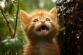 Cute wet kitten gazing up in wonder as rain falls, pet fascinated by rainfall Royalty Free Stock Photo