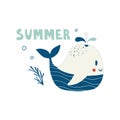 Cute whale, baby character and the inscription summer. Summer colorful card with happy childish nautical animal. Nursery Royalty Free Stock Photo