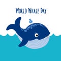 Cute Whale blowing fountain in the blue sea Waves. World Whale Day handwritten Lettering. World whales day abstract sign