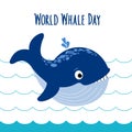 Cute Whale blowing fountain in the blue sea Waves. World Whale Day handwritten Lettering. World whales day abstract sign