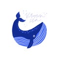 Cute whale flat vector illustration with text