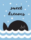 Sweet Dreams.Lovely Nursery Art with Black Dreamy Whale Isolated on a Light Blue Background. Royalty Free Stock Photo