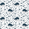 Cute whale and little fish, seamless pattern, cartoon vector illustration Royalty Free Stock Photo