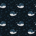 Cute whale and little fish, seamless pattern, cartoon vector illustration Royalty Free Stock Photo