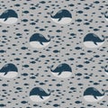 Cute whale and little fish, seamless pattern, cartoon vector illustration Royalty Free Stock Photo