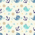 Cute whale, nautical and marine symbols seamless pattern