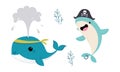 Cute Whale and Shark in Pirate Hat as Sea Animal Vest Floating Underwater Vector Set Royalty Free Stock Photo