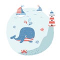Cute whale and ships. Cartoon sea vector illustration. Marine poster