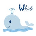 Cute whale with sign Whale. Letter W learning. Animal alphabet. isolated on white background. vector illustration. Royalty Free Stock Photo