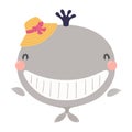 Cute whale in straw hat cartoon character illustration. Royalty Free Stock Photo