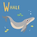 Cute whale vector illustration on dark blue ocean with small fishes. Sea ocean animal character Royalty Free Stock Photo