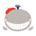 Cute whale wearing a beret character illustration Royalty Free Stock Photo