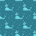 Cute whales and bubbles aqua seamless pattern