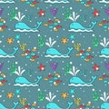 Cute Whales and Fish Ocean themed Seamless Pattern