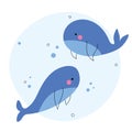 Cute whales. Cute ocean animal characters. Vector illustration.Cartoon whale sketch line icon.