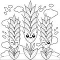 Field with wheat characters. Vector black and white coloring page.