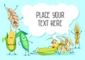 Cute wheat stem, bean, peas and corn characters, cereals, legumes and speech bubble with place for your text vector