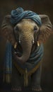 A Cute and Whimsical Baby Elephant, Wearing a Colorful Scarf and Head Wrap, against a Dark Background