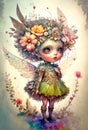 Cute whimsical fairy girl among flowers. Fantasy watercolor painting, nursery art