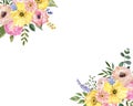 Cute and whimsy floral frame template with watercolor flowers and leaves