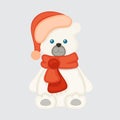 Cute white Arctic bear wearing Christmas Santa hat and scarf. Royalty Free Stock Photo