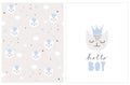 Lovely Hello Boy Vector Card and Pattern. Simple Baby Shower Illustrations.