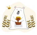 Cute white bear having honey with a little bee