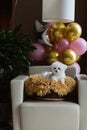 Cute white Bichon Frise dog celebrating birthday at home. Domestic Pet party with hot air balloons pink and gold color