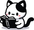 Cute white-black cat reading a book clip art illustration isolated on transparent background Royalty Free Stock Photo