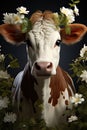 A cute white brown cow with a white flowers on its head