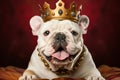 A cute white bulldog pup wears a regal red velvet crown