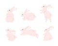 Cute white bunnies collection. Rabbits characters in different poses and actions, sitting, jumping, lying. Hand drawn